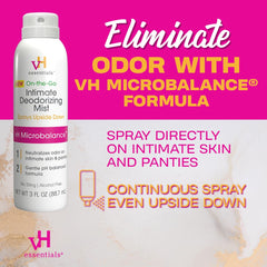 VH Essentials Feminine Mist upside-down spray enables easy use at any angle.