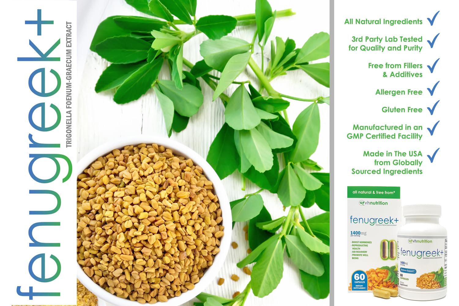 VH Nutrition Fenugreek+ bottle top view ready to integrate into morning routine.
