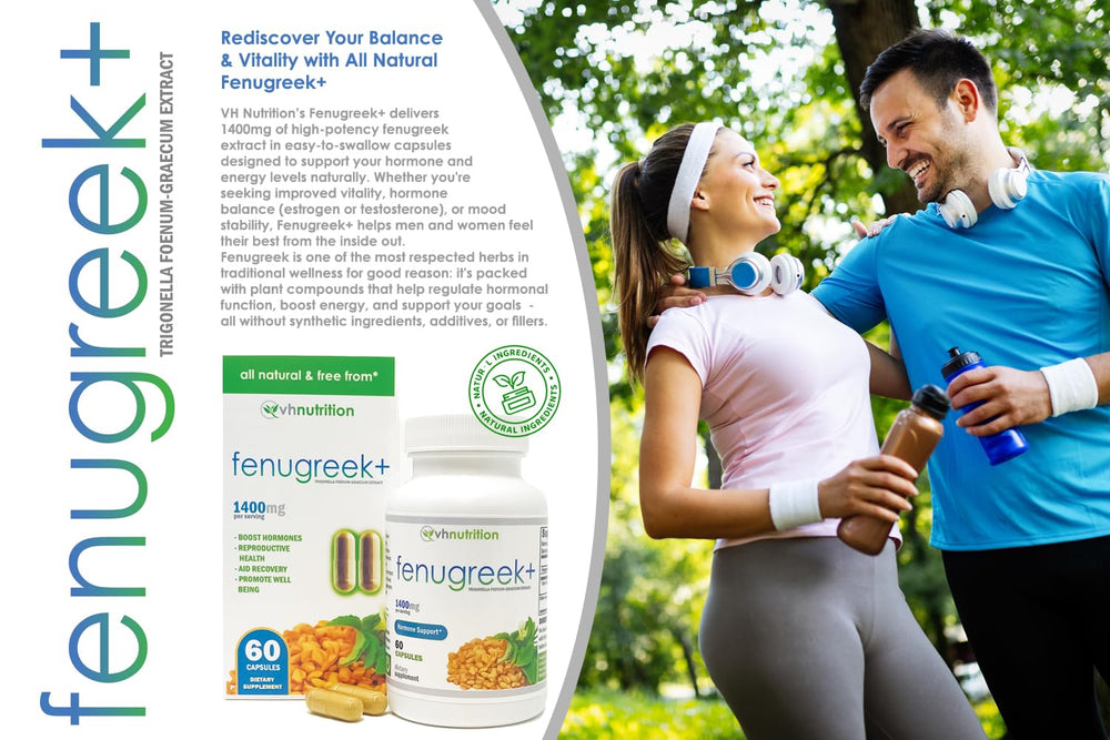 VH Nutrition Fenugreek+ capsules closeup showing easy-to-swallow design for everyday use.