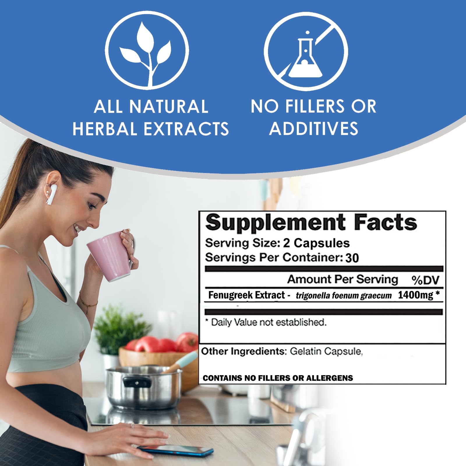 VH Nutrition Fenugreek+ gluten-free icon signals allergen-friendly option.