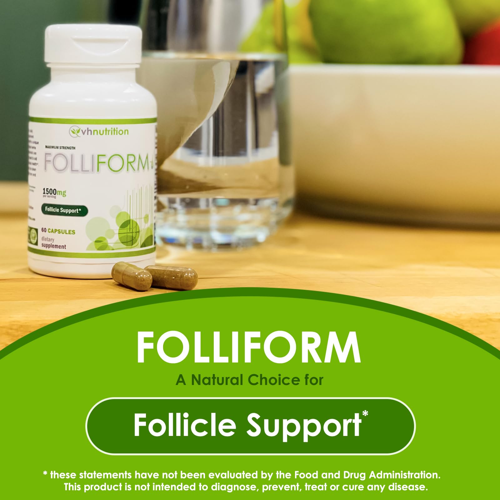 FOLLIFORM capsules closeup highlighting natural blend for hair growth support.