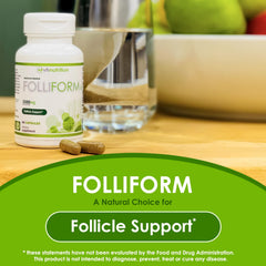 FOLLIFORM capsules closeup highlighting natural blend for hair growth support.