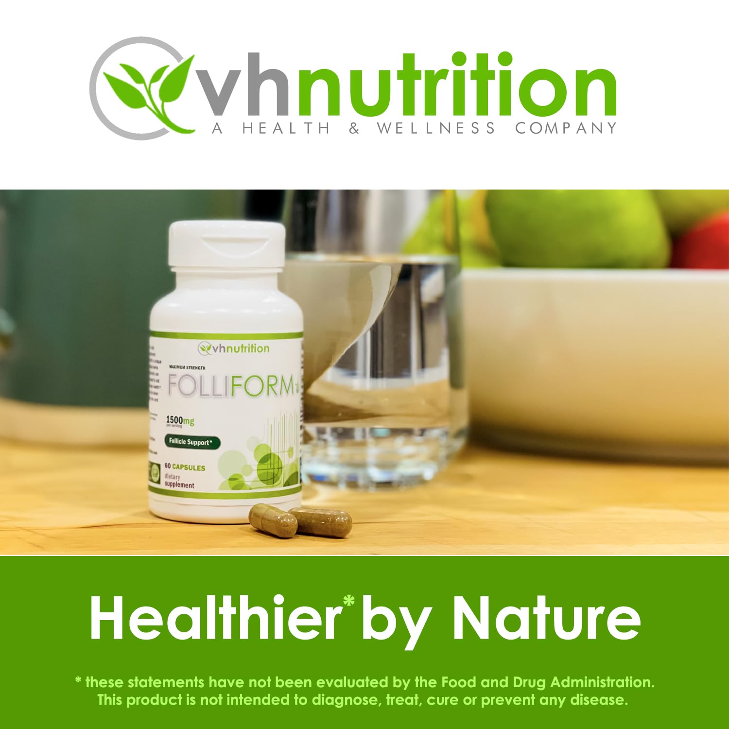 Daily-use scene with FOLLIFORM capsules beside plants and towel for routine hair care.