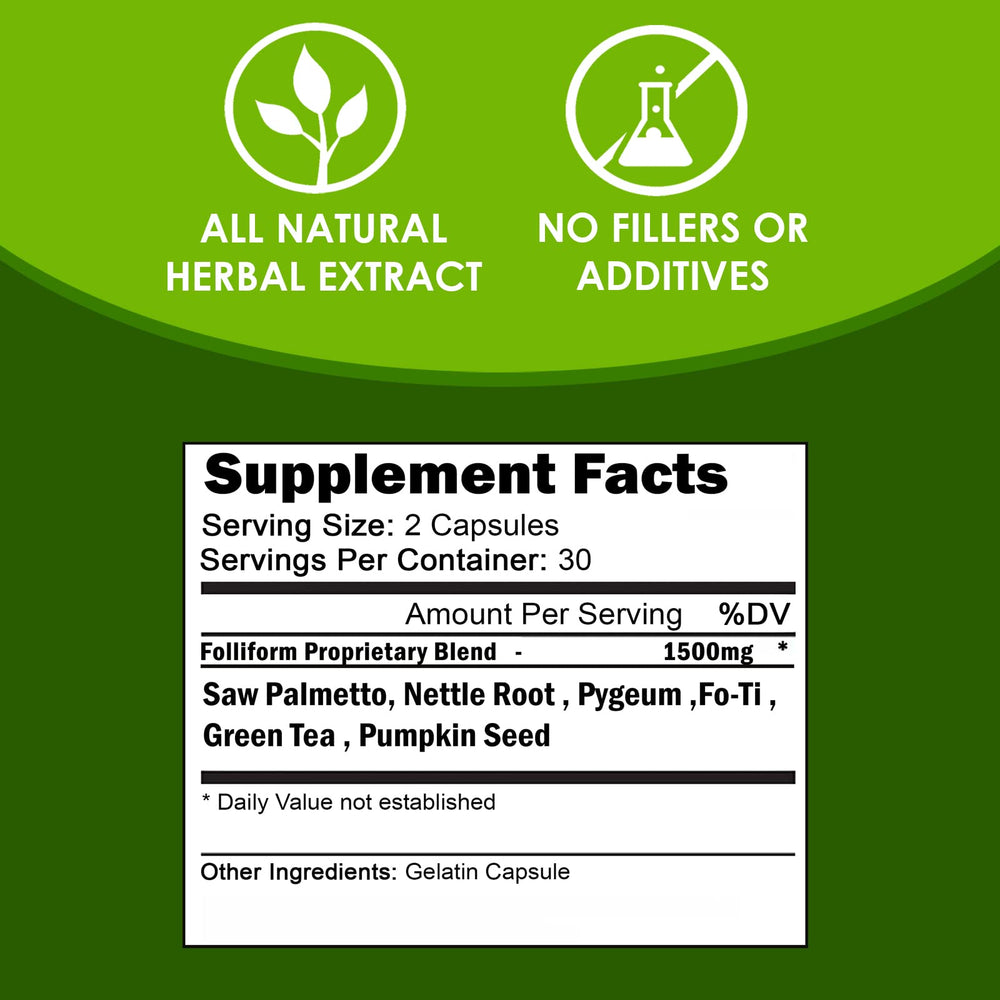 Nettle root and pygeum imagery in VH Nutrition FOLLIFORM hair care blend.
