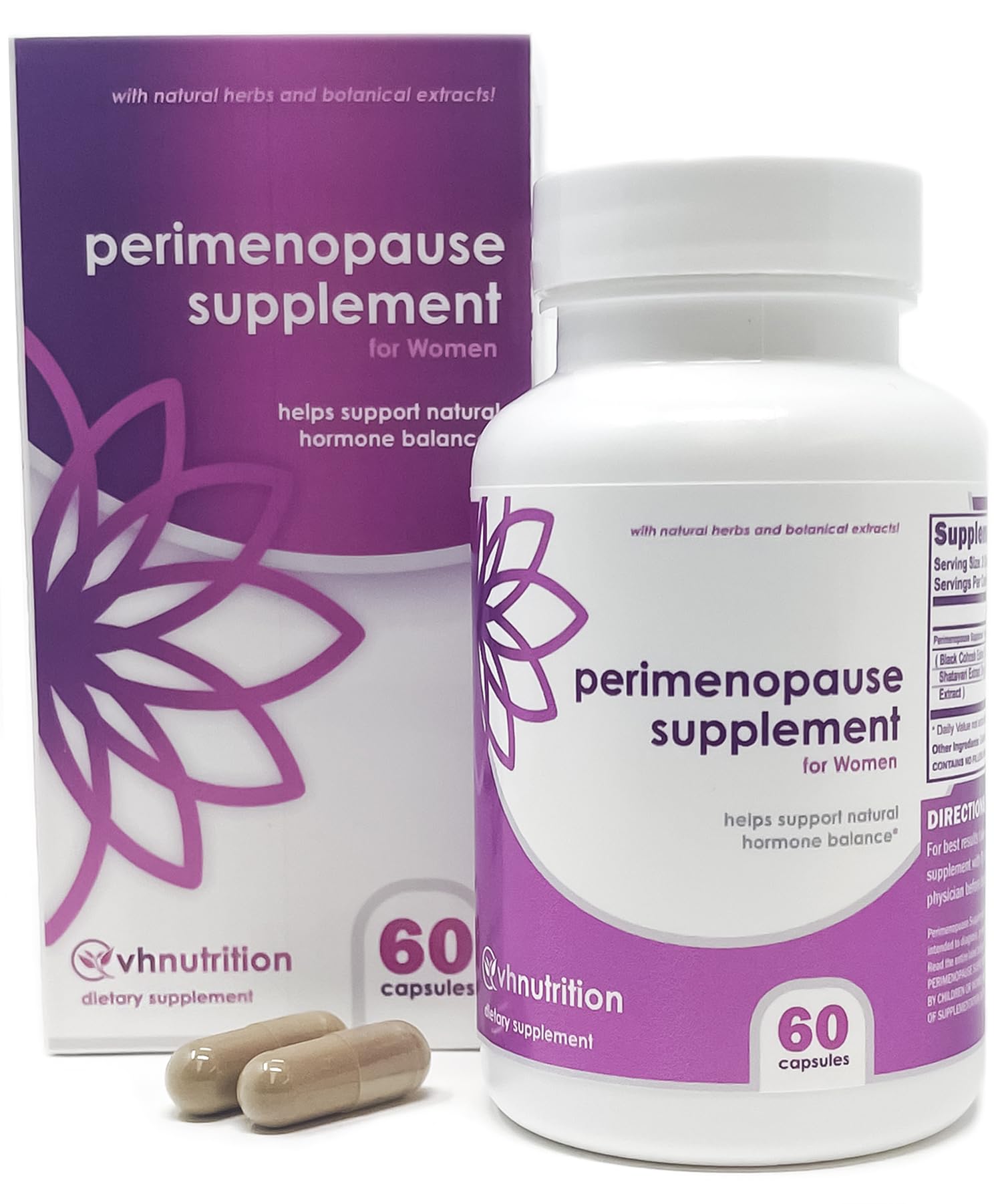 VH Nutrition Perimenopause bottle shows a natural, herbal formula for hormonal balance