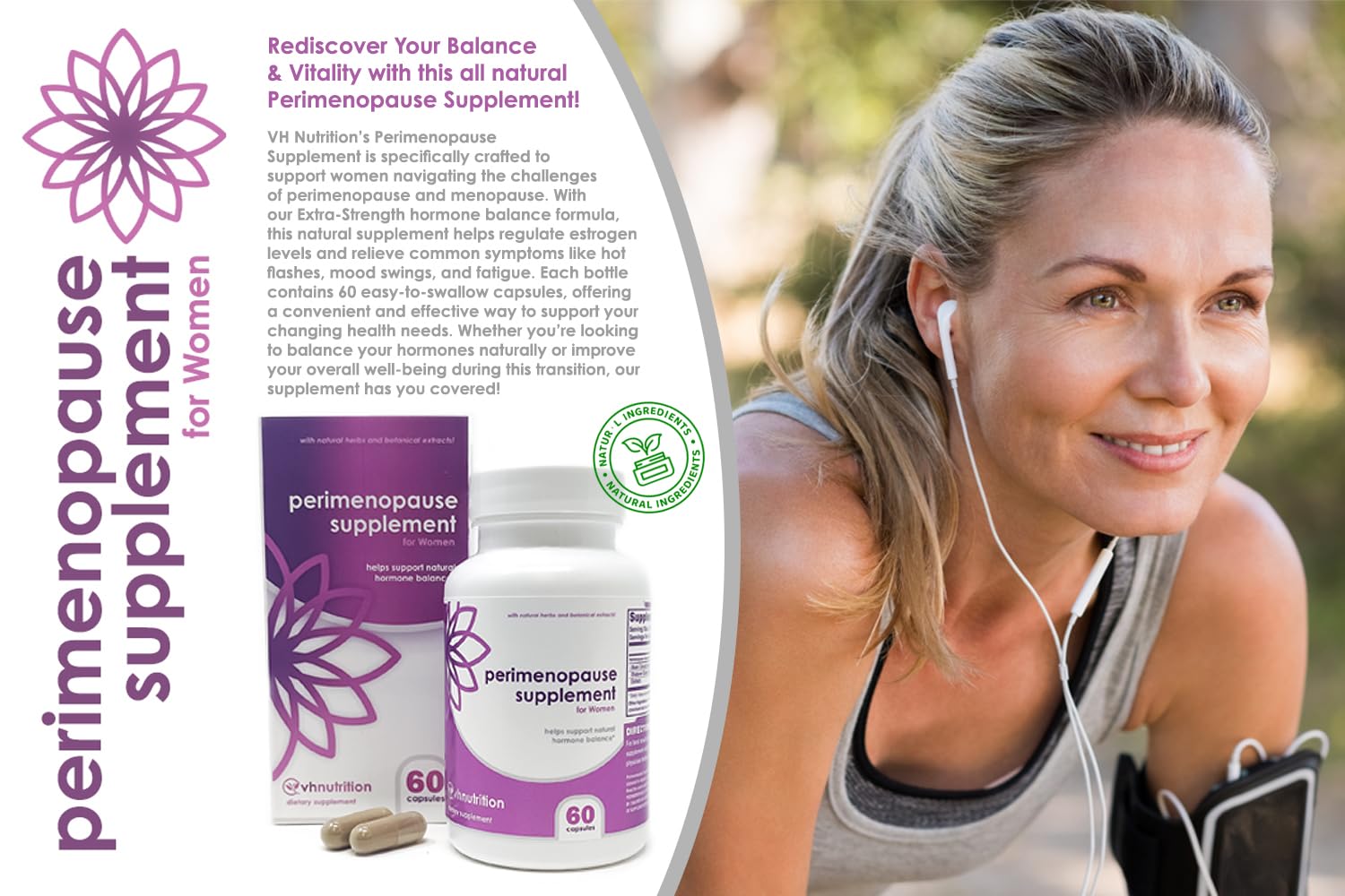 VH Nutrition Perimenopause capsules closeup highlighting plant-based ingredients for gentle support