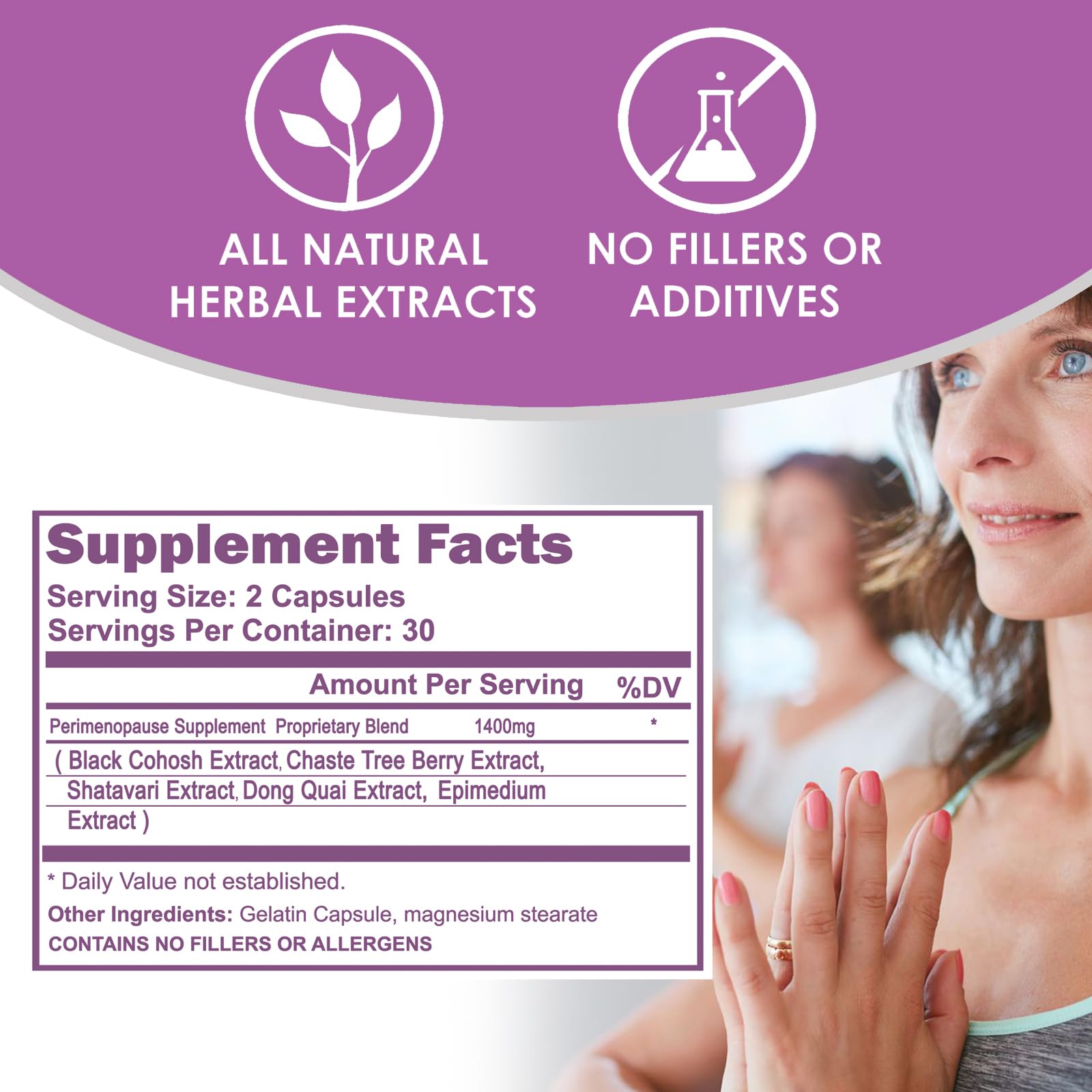 VH Nutrition Perimenopause label emphasizes Black Cohosh, Vitex, and Shatavari for natural balance