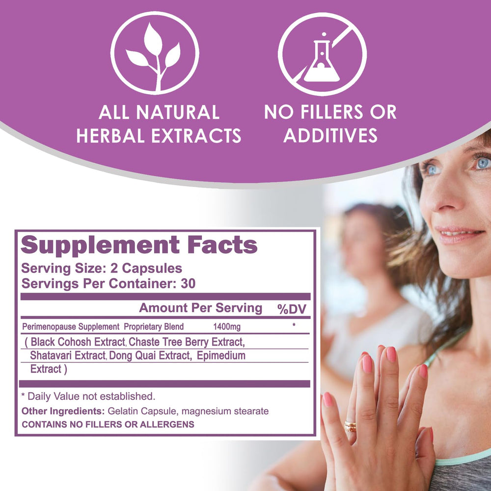 VH Nutrition Perimenopause label emphasizes Black Cohosh, Vitex, and Shatavari for natural balance