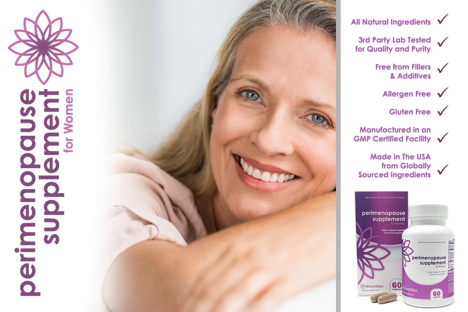 VH Nutrition Perimenopause packaging on shelf signals additive-free, pure herbal care