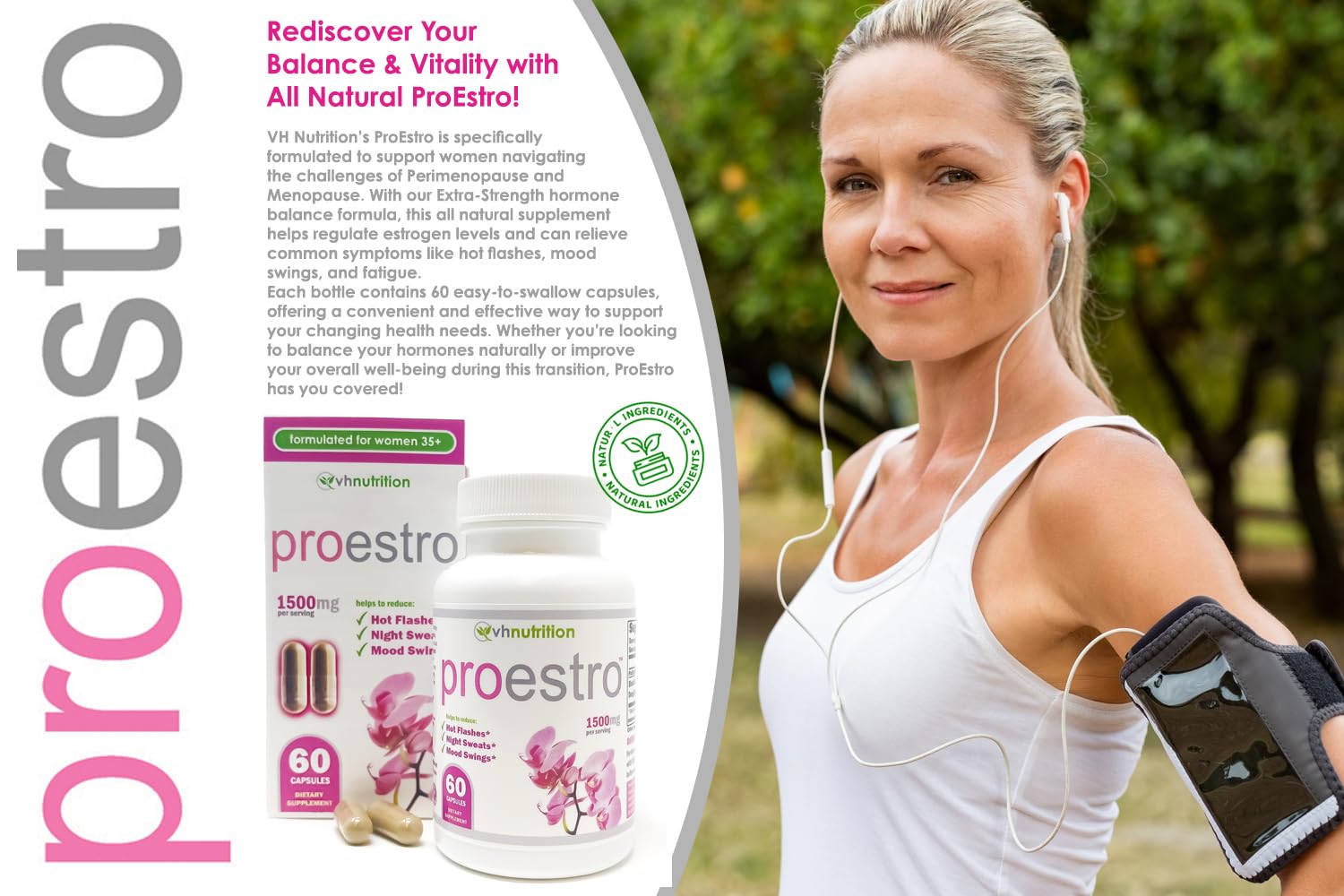VH Nutrition PROESTRO capsules closeup highlighting natural ingredients for mood and energy