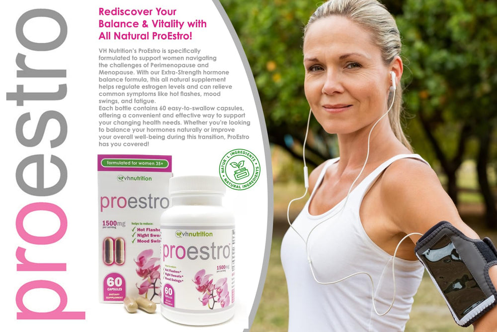 VH Nutrition PROESTRO capsules closeup highlighting natural ingredients for mood and energy