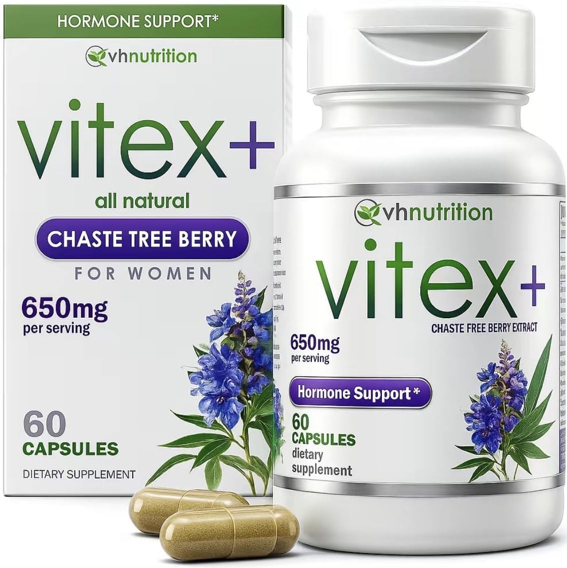 VH Nutrition VITEX+ bottle shot showing convenient daily capsules for hormonal balance support