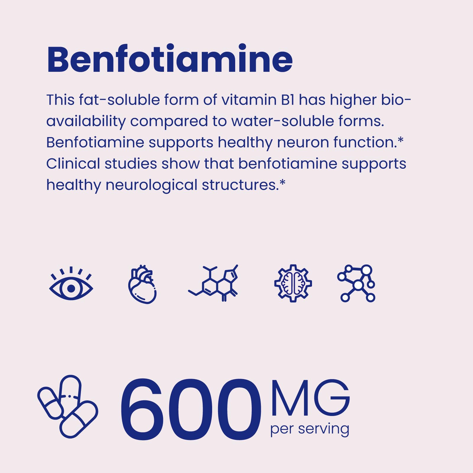 VHC Benfotiamine 600mg bottle label shows Non-GMO veggie formula and USA origin.