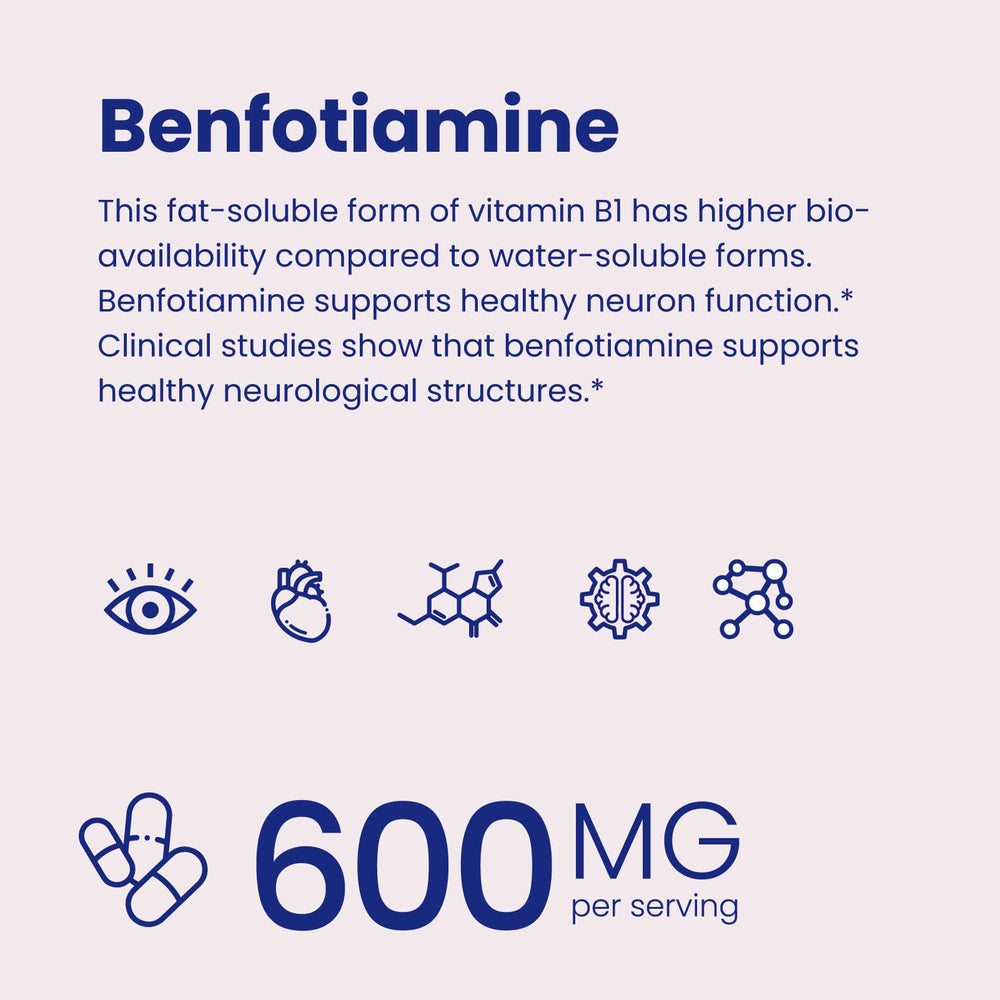 VHC Benfotiamine 600mg bottle label shows Non-GMO veggie formula and USA origin.