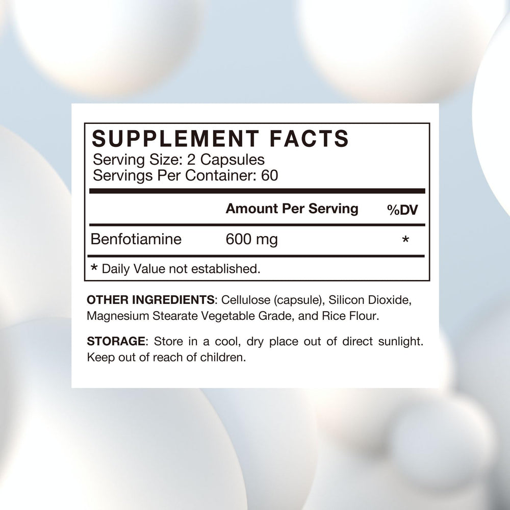 VHC Benfotiamine capsules close-up, showcasing potent daily dose in veggie capsules.