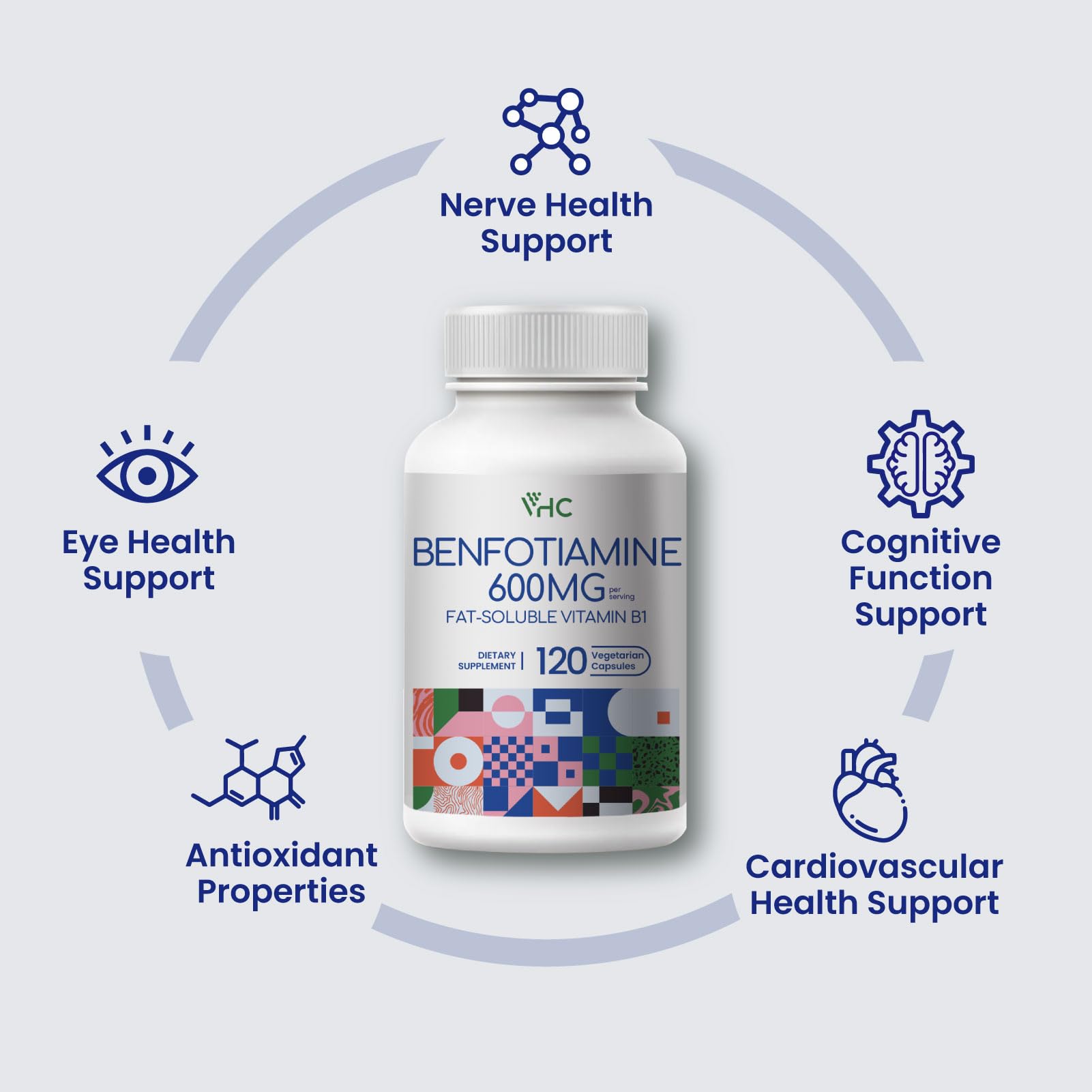 Serving setup for VHC Benfotiamine 600mg simplifies once-daily routines.