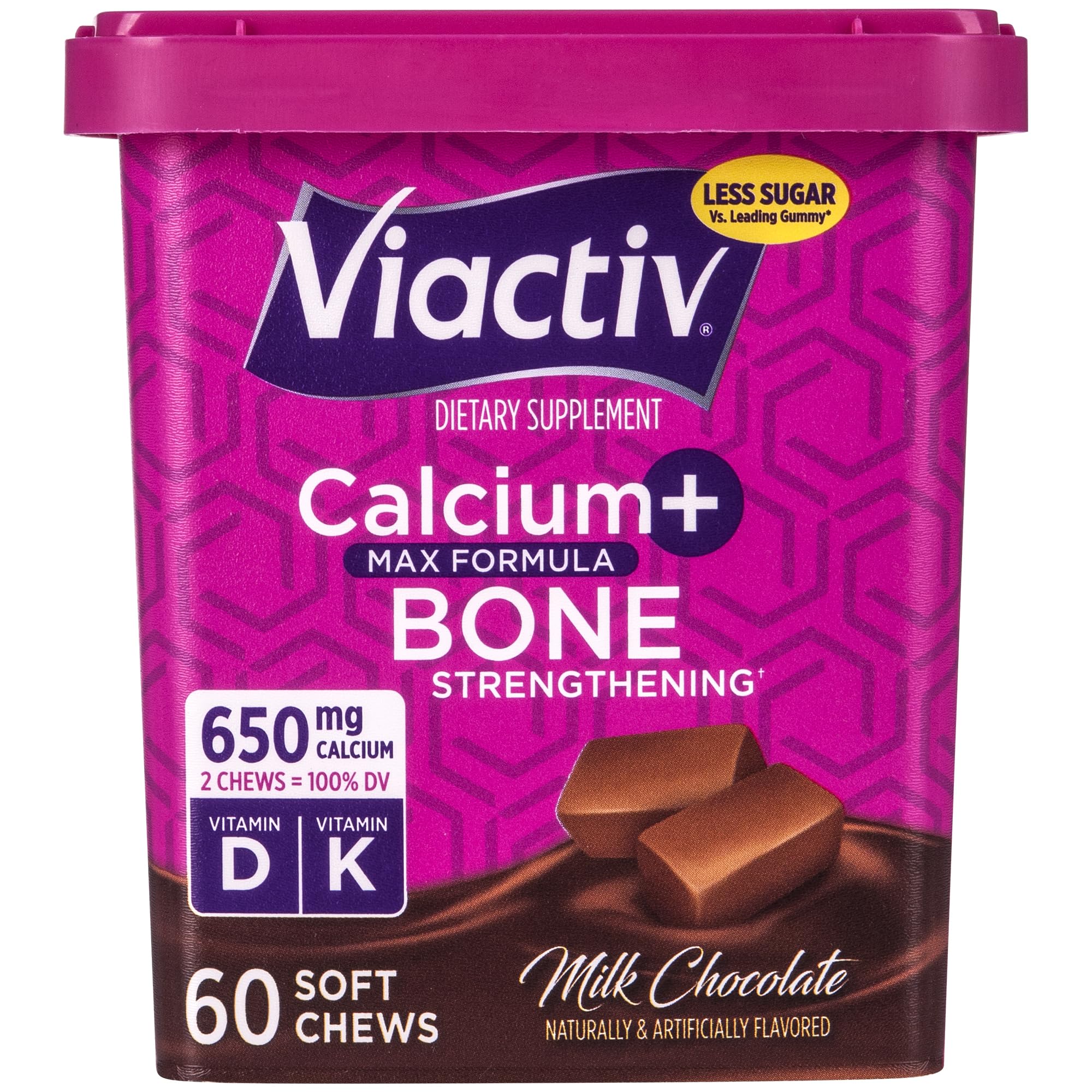Viactiv Calcium + D3, dulces leche chocolate, 125% VD de vitamina D por porción.