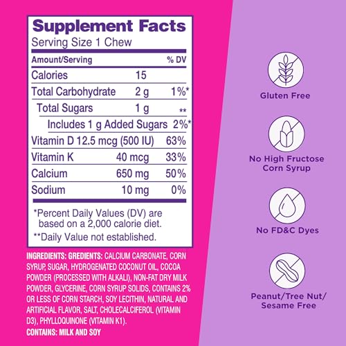 Nutrient label on Viactiv calcium plus vitamin d and k supplement highlighting calcium, d, and k