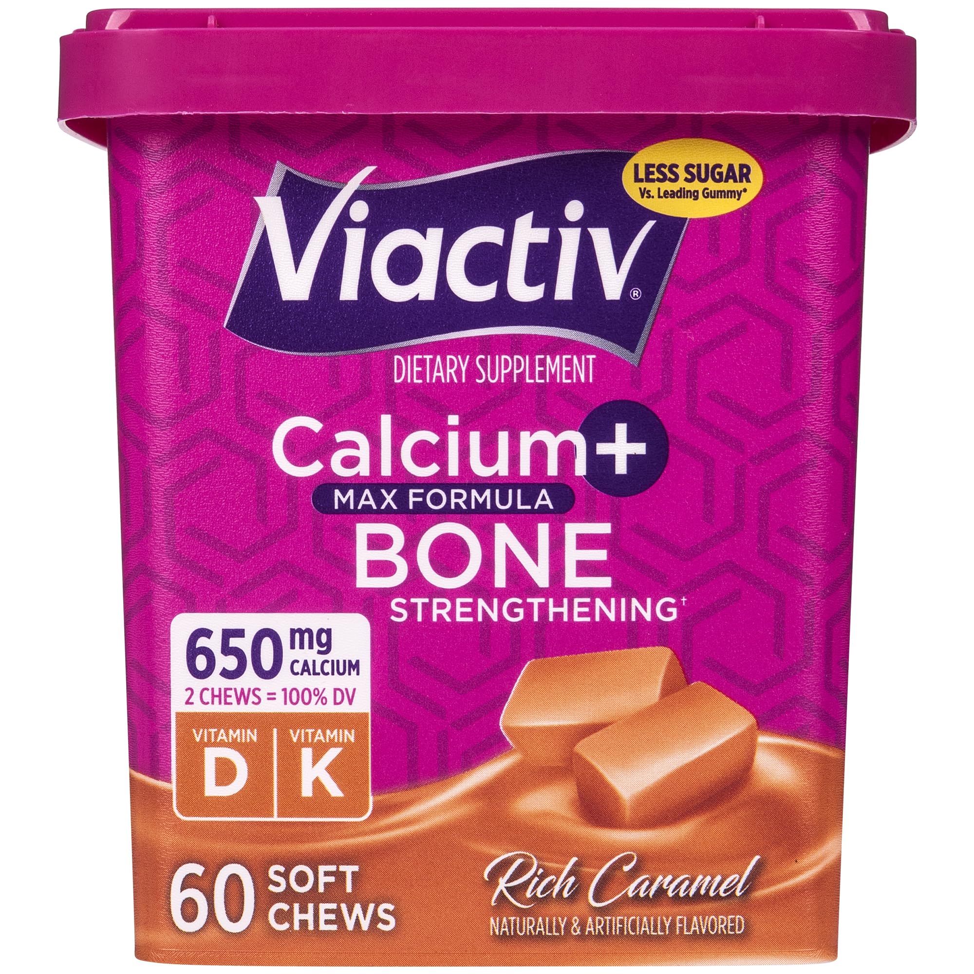 Viactiv Calcium Soft Chews caramel bottle, convenient daily calcium source.
