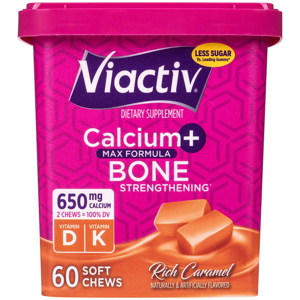 Viactiv Calcium Soft Chews caramel bottle, convenient daily calcium source.