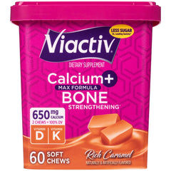 Viactiv Calcium Soft Chews caramel bottle, convenient daily calcium source.