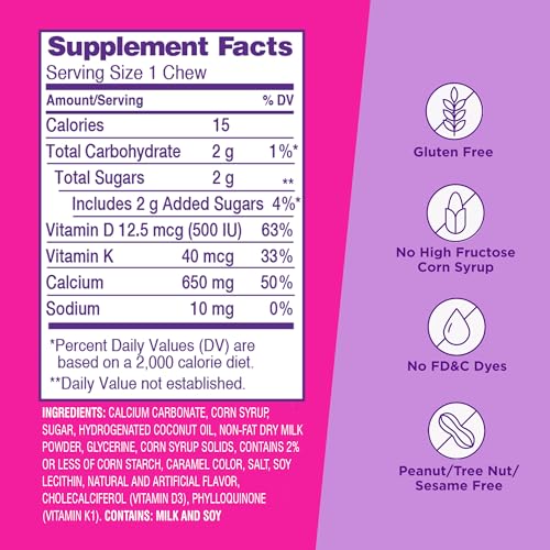 Viactiv Calcium Soft Chews caramel close-up with individual wrappers for on-the-go use.