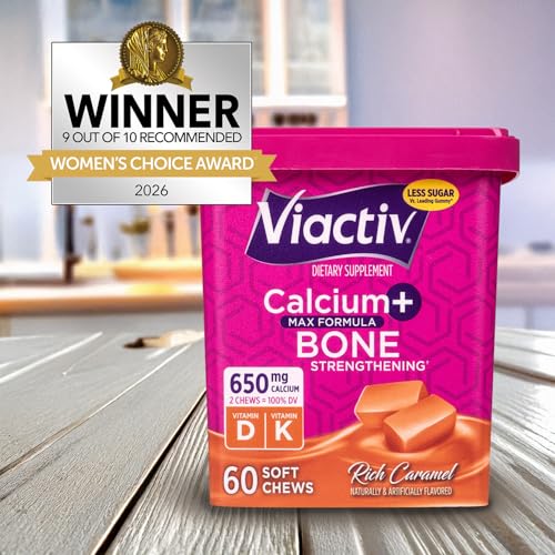 Viactiv Calcium Soft Chews milk chocolate bottle, tasty option for bone-friendly nutrition.