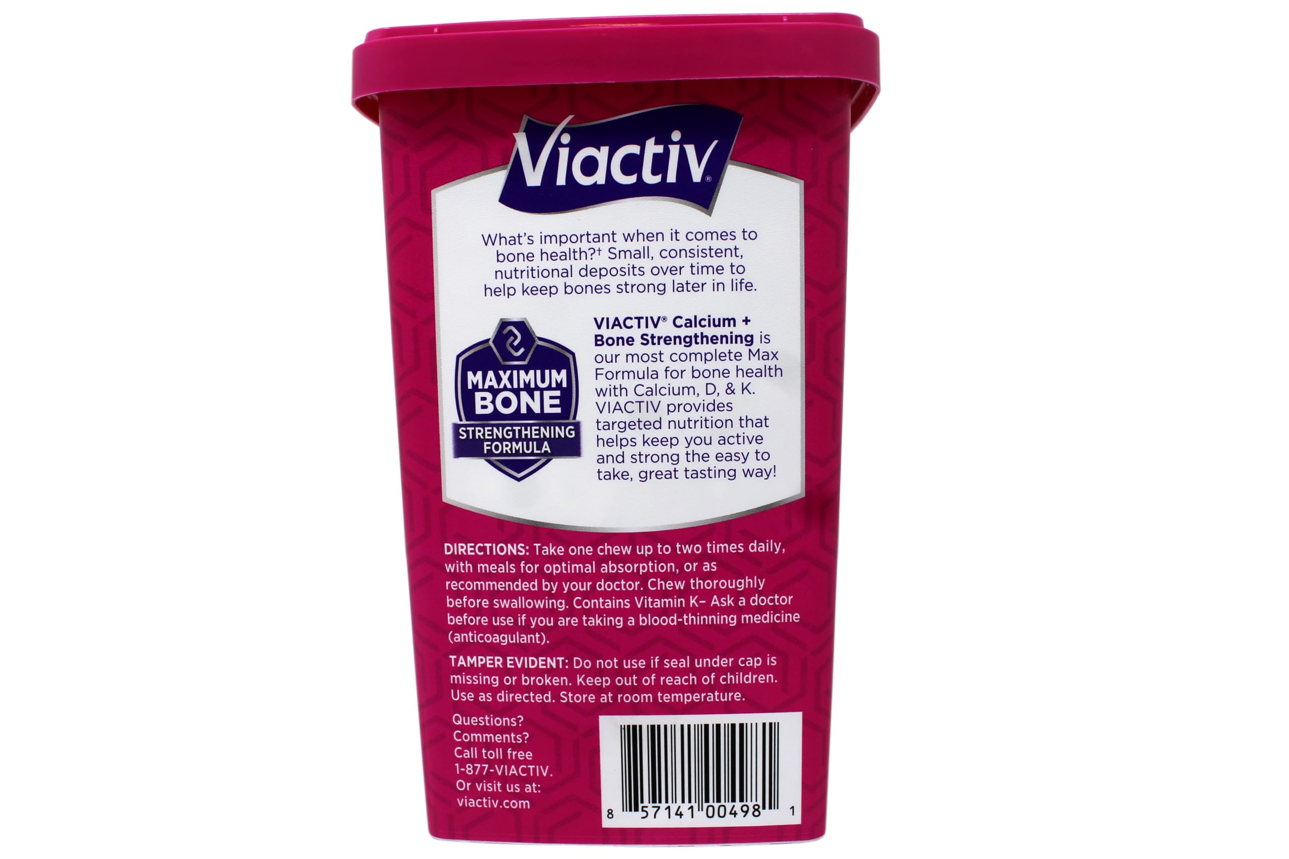 Viactiv Max calcium D3 ingredients visible in glass jar for easy daily use.