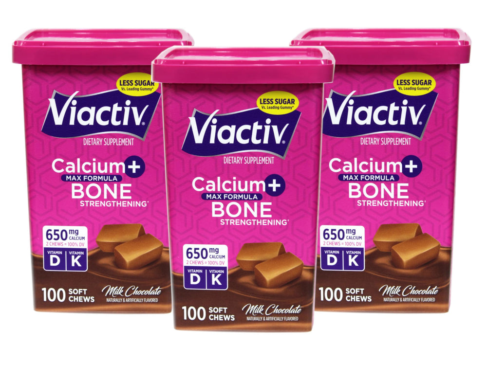 Viactiv Max bottle with milk chocolate soft chews offering convenient daily calcium support