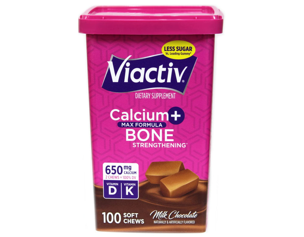 Viactiv Max soft chews close-up showing milk chocolate flavor and calcium D3