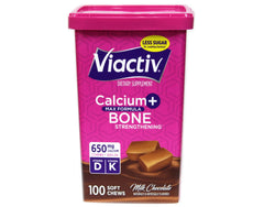Viactiv Max soft chews close-up showing milk chocolate flavor and calcium D3