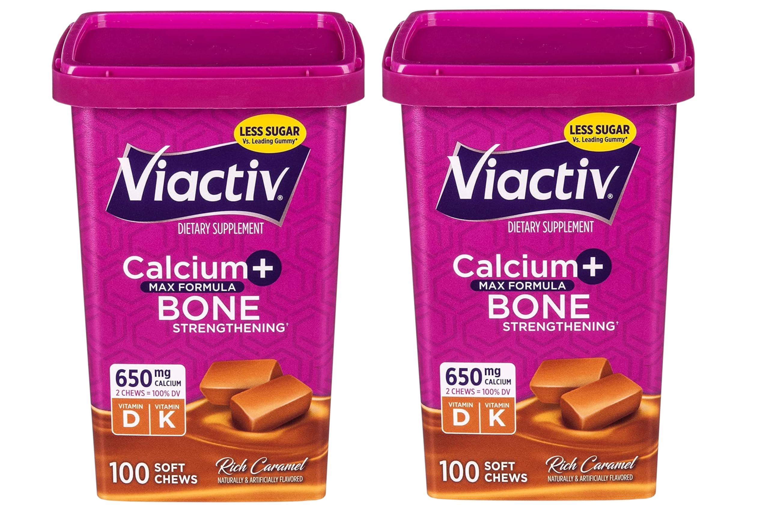 Viactiv Max caramel bottle of soft chews supporting daily bone health.