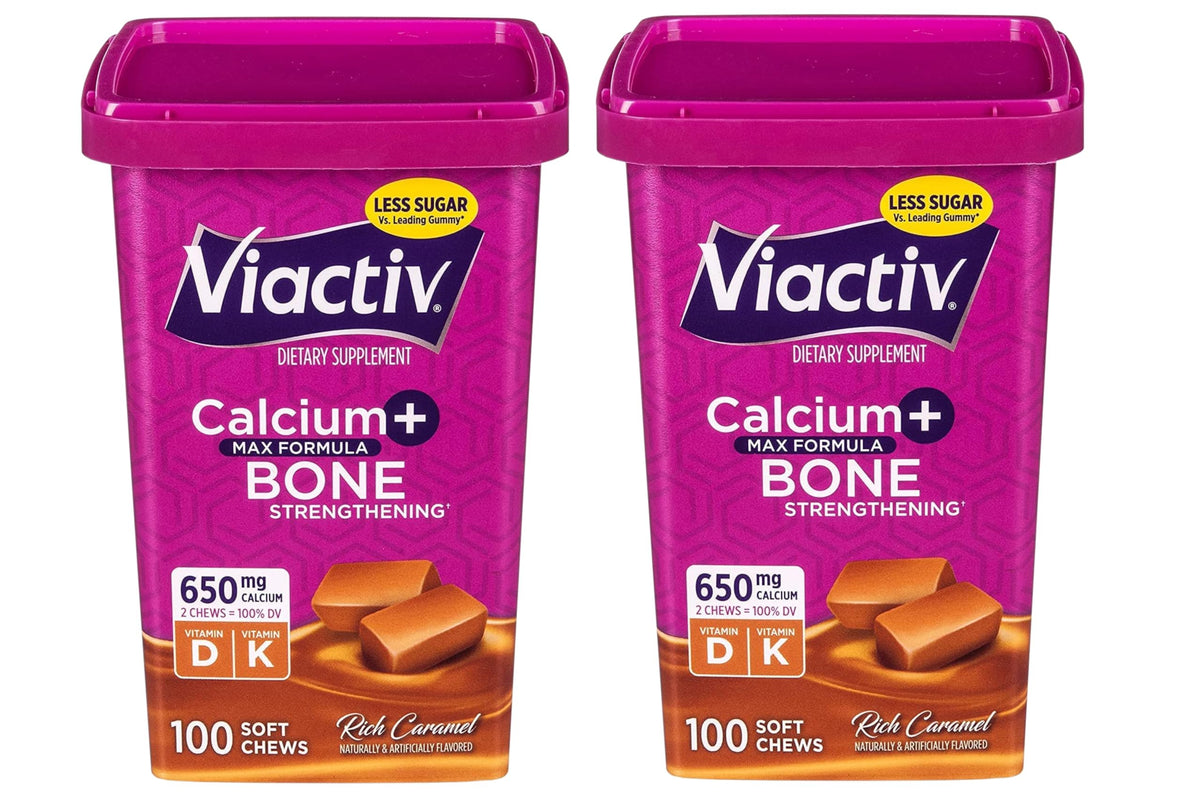 Viactiv Max caramel bottle of soft chews supporting daily bone health.