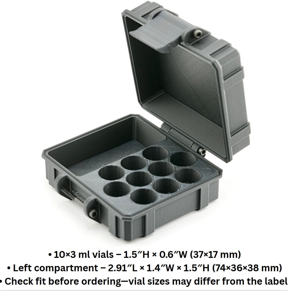 Vial Guard case showing water bottle pocket for secure transport of liquids