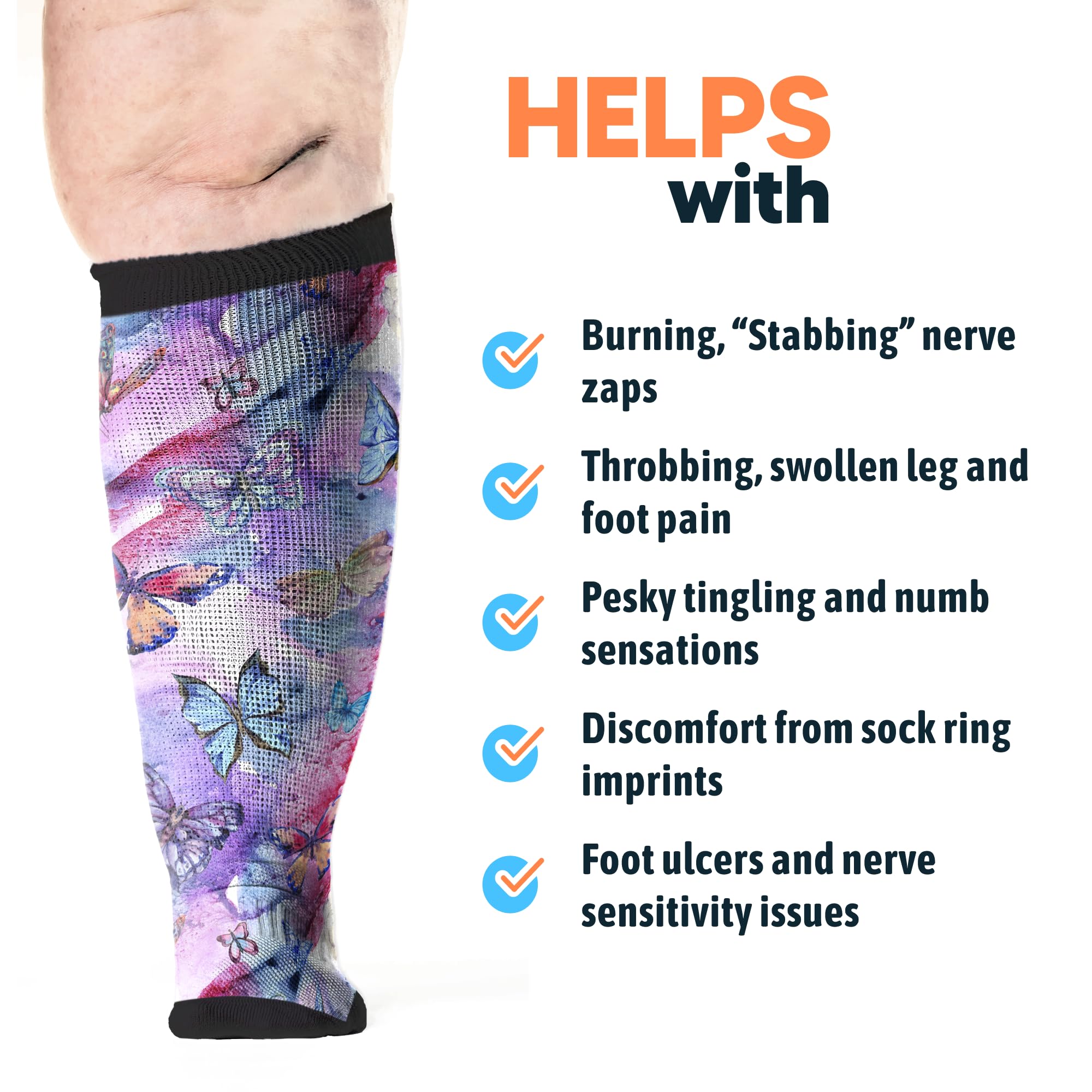 Viasox Butterfly EasyStretch worn on foot shows easy on/off and loose fit.