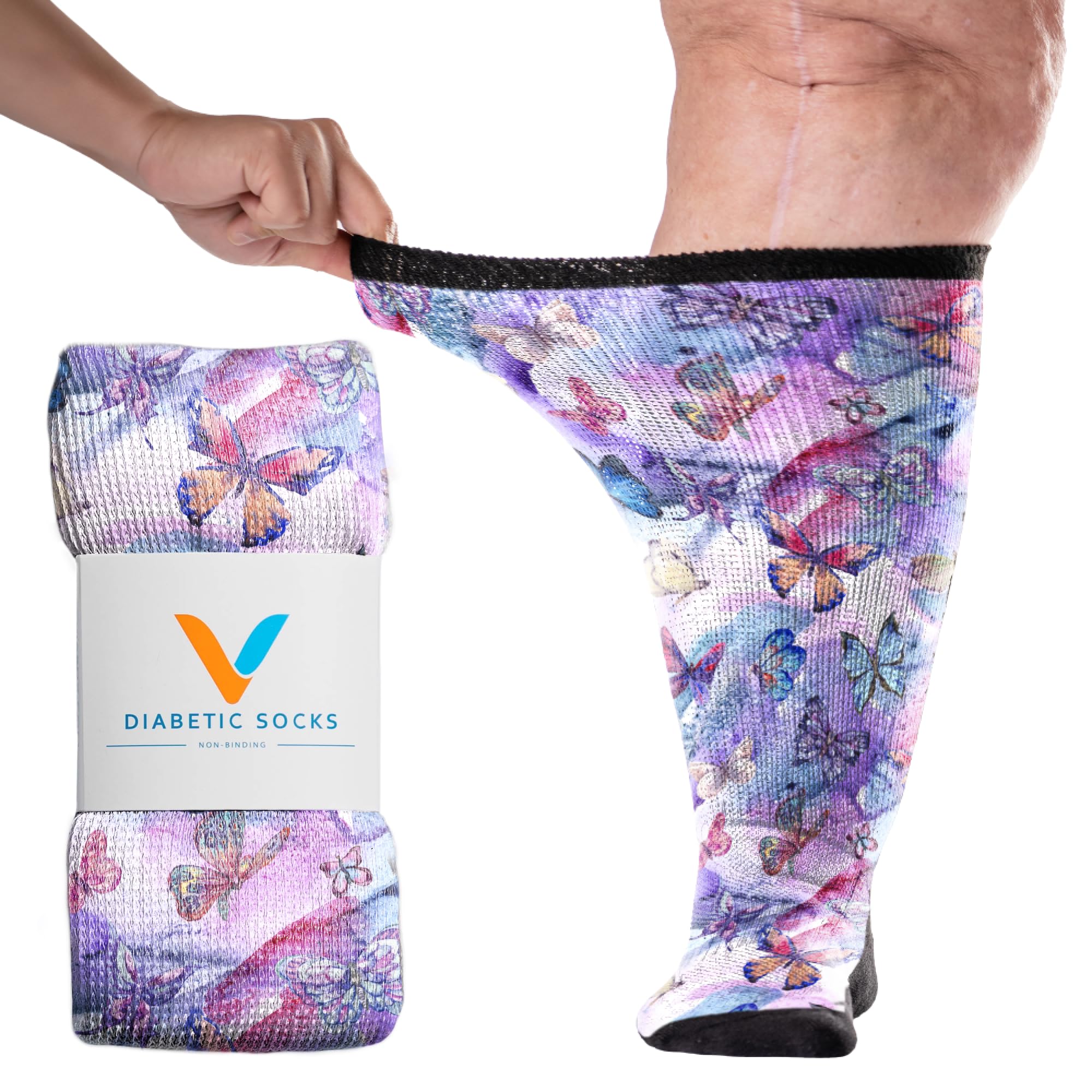 Viasox Butterfly EasyStretch packaging shows diabetes-friendly socks ready for comfort.