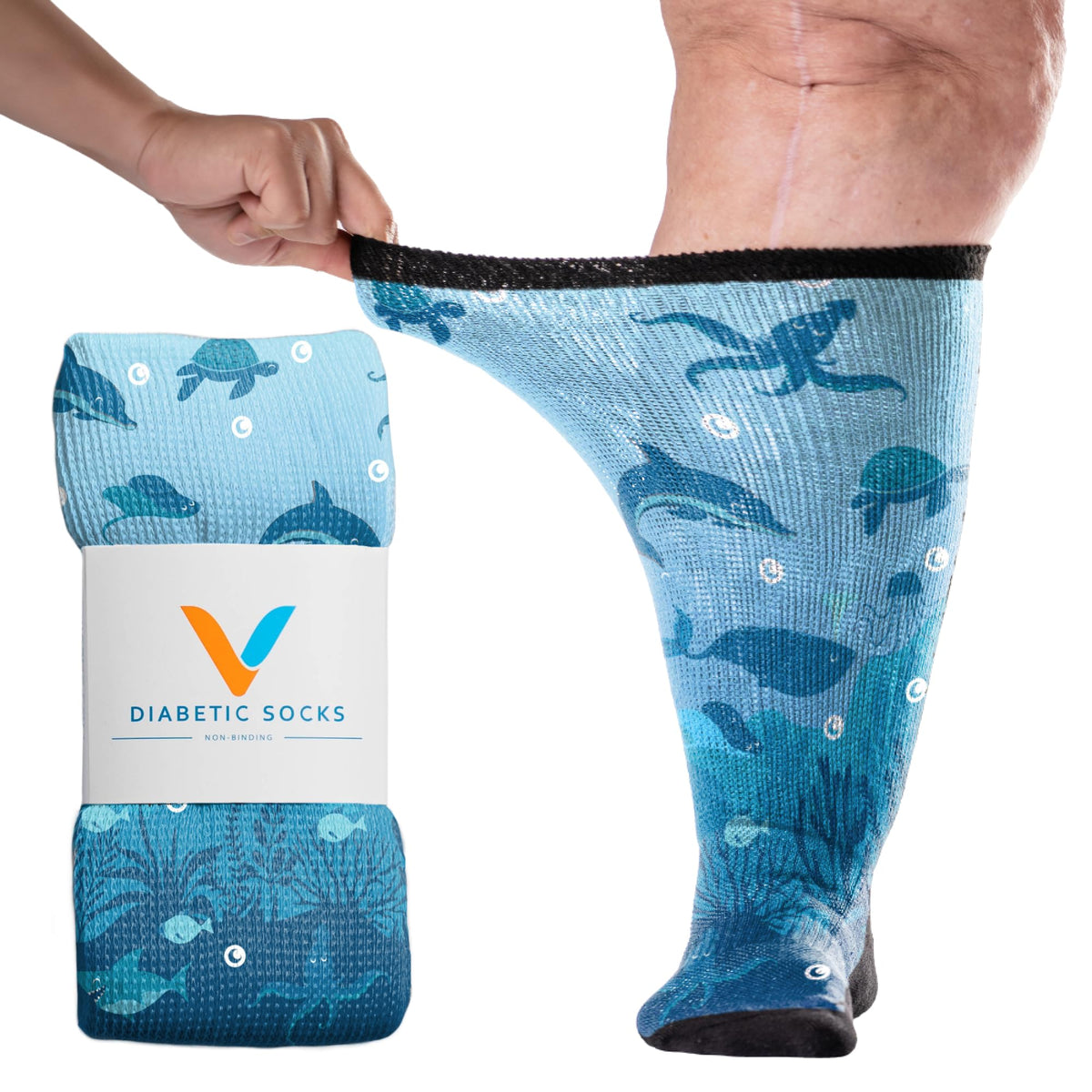 Viasox Deep Sea EasyStretch diabetic sock closeup showing soft knit and non-binding top.