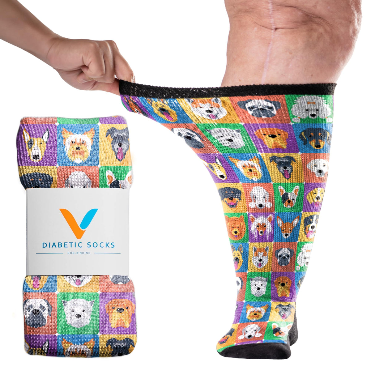 Viasox Dogs EasyStretch socks illustrate extended stretch for swollen legs and daily comfort.