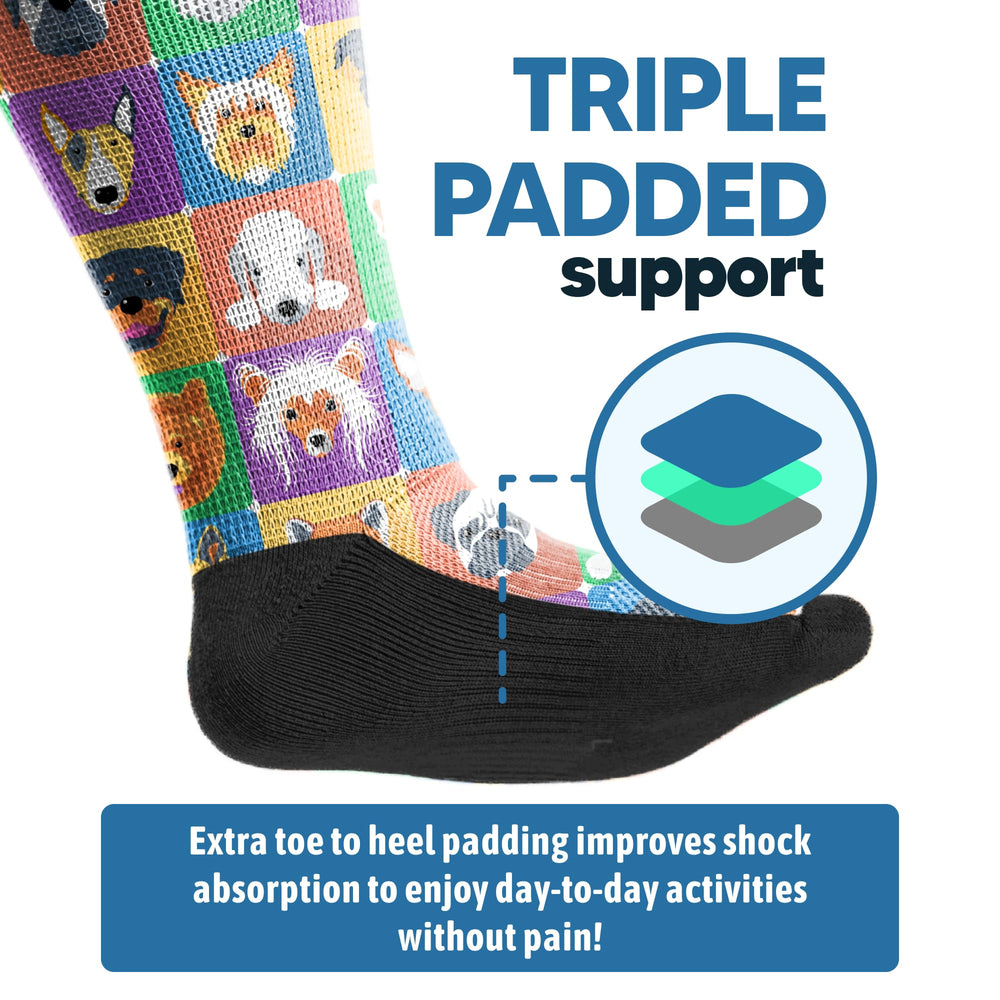 Viasox Dogs EasyStretch features triple padding to cushion feet and reduce impact.