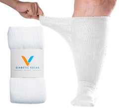 Viasox EasyStretch diabetic socks, front view, white, large size, comfortable non-binding wear.