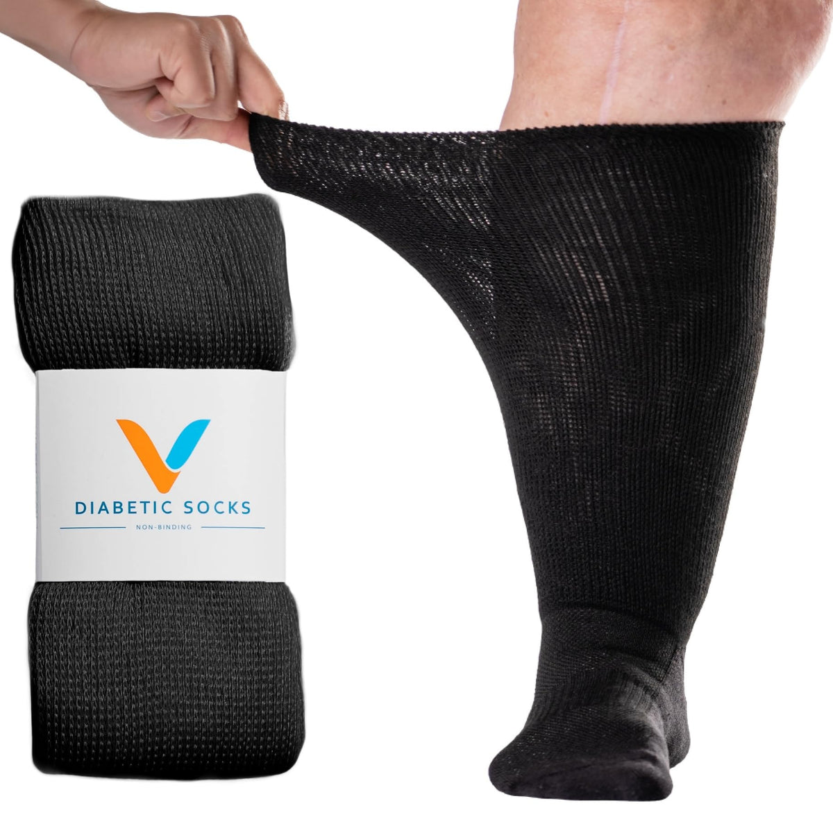 Viasox EasyStretch diabetic socks with non-binding top and seamless toe for comfortable, swelling-friendly wear.