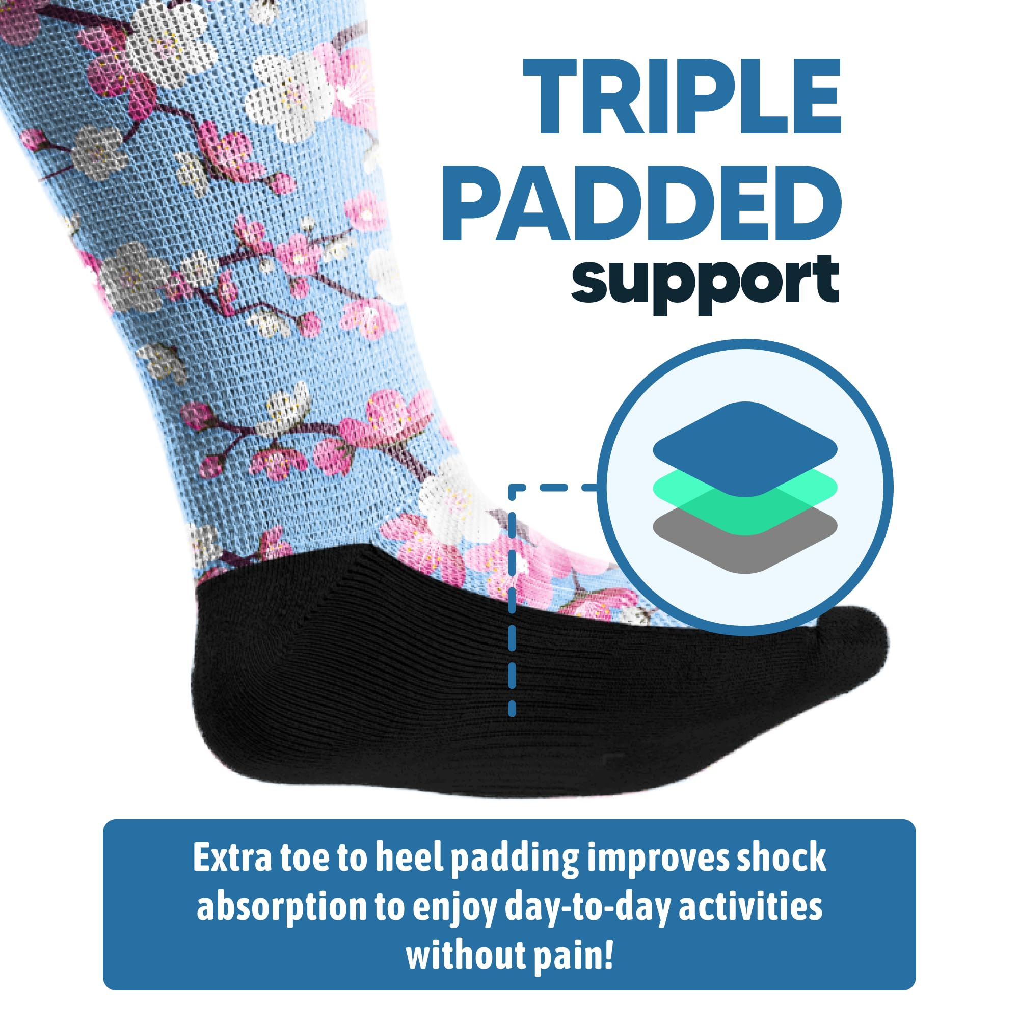 Viasox EasyStretch with triple padding cushions feet during daily steps.