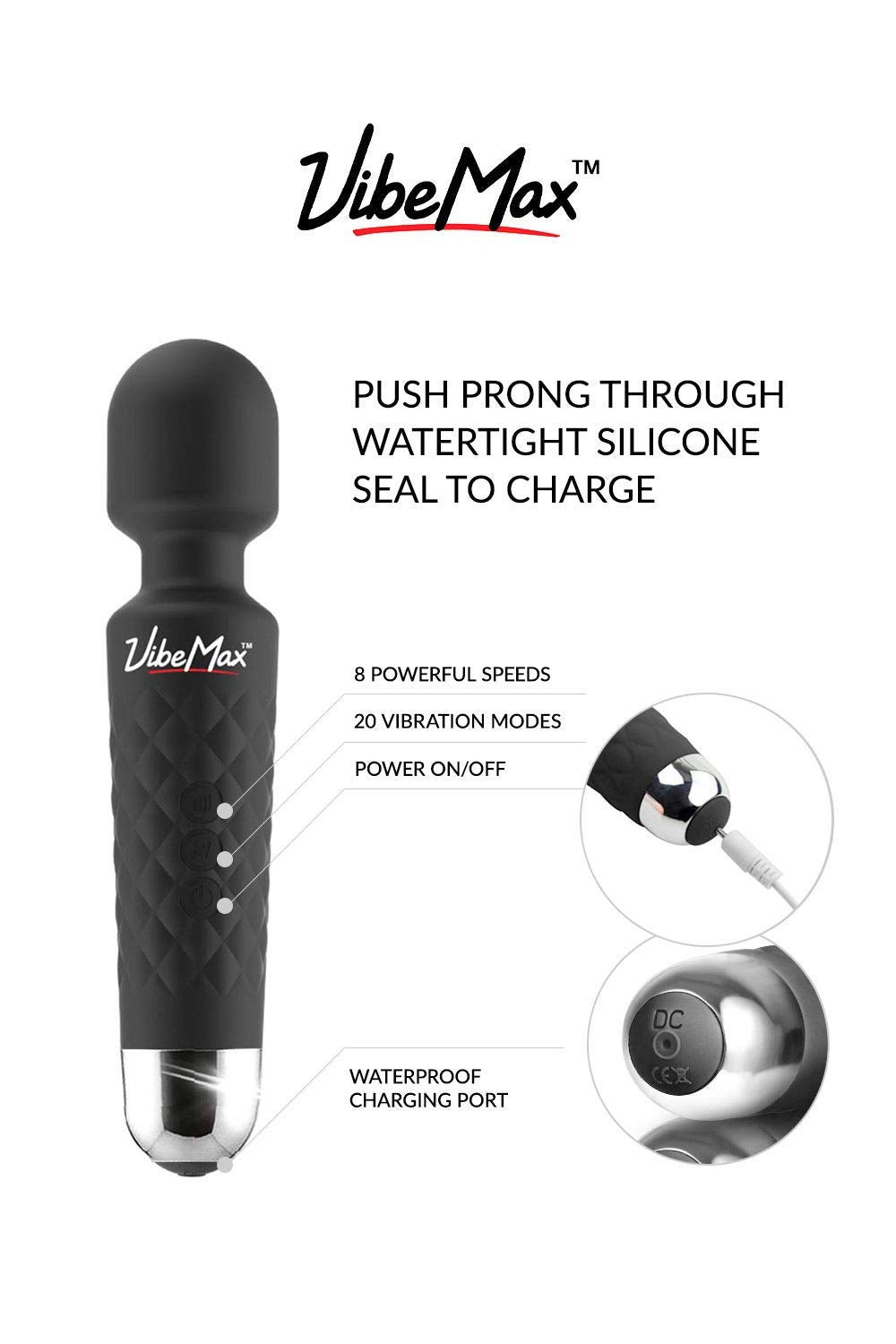 VibeMax charging with travel pouch for on-the-go use.