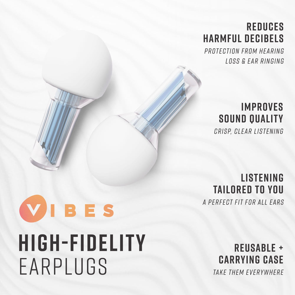 VIBES High-Fidelity Ear Plugs for concert use, preserving sound clarity while reducing volume.