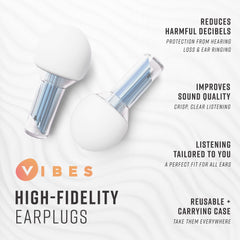 VIBES High-Fidelity Ear Plugs for concert use, preserving sound clarity while reducing volume.