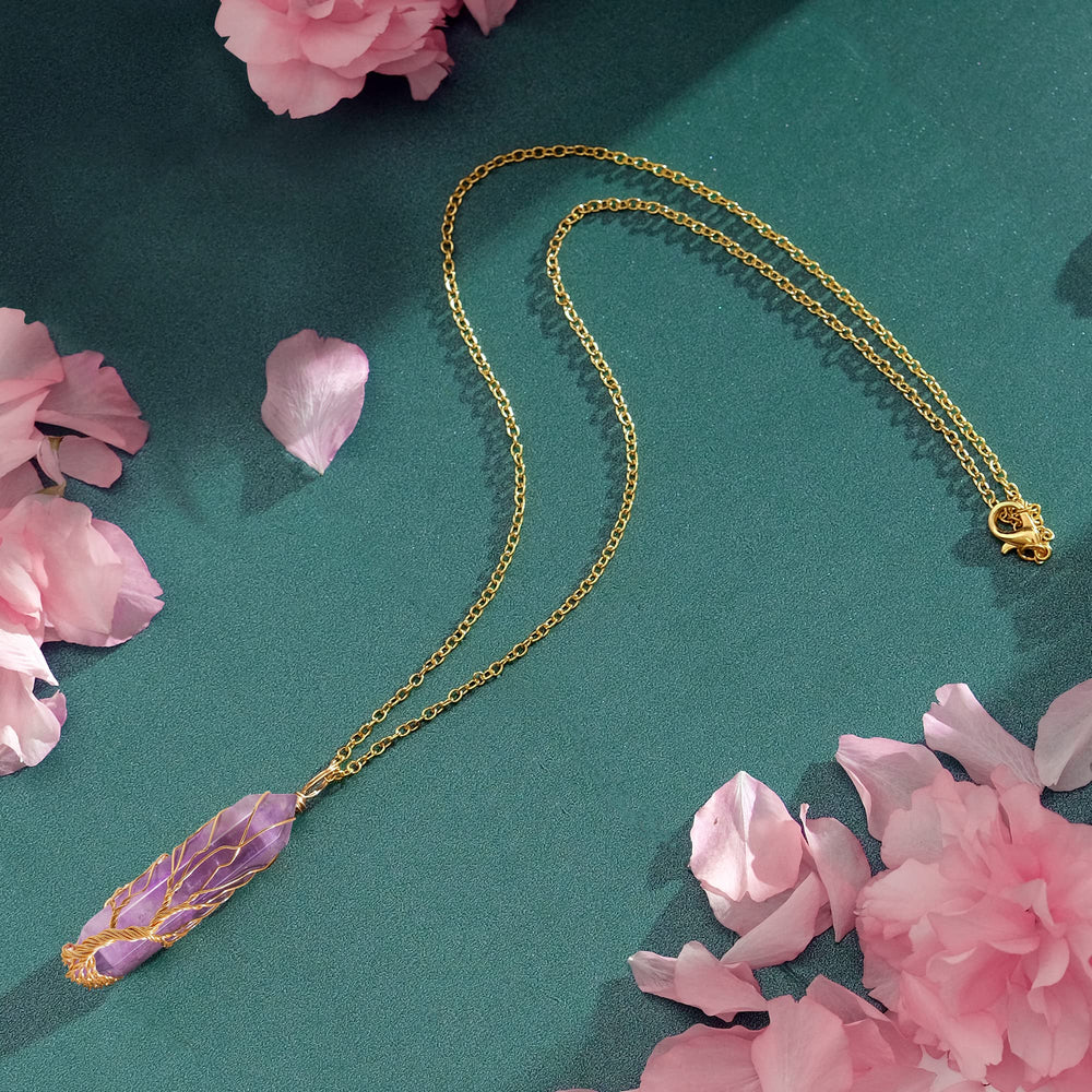 VIBILIA amethyst point pendant up-close highlights natural stone variation, each piece unique
