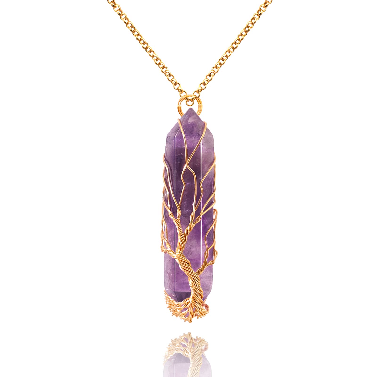 VIBILIA healing crystal necklace with tree of life wrap featuring amethyst point pendant for meditation