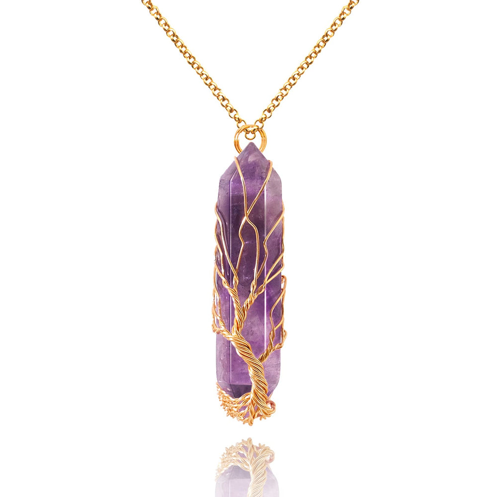 VIBILIA healing crystal necklace with tree of life wrap featuring amethyst point pendant for meditation