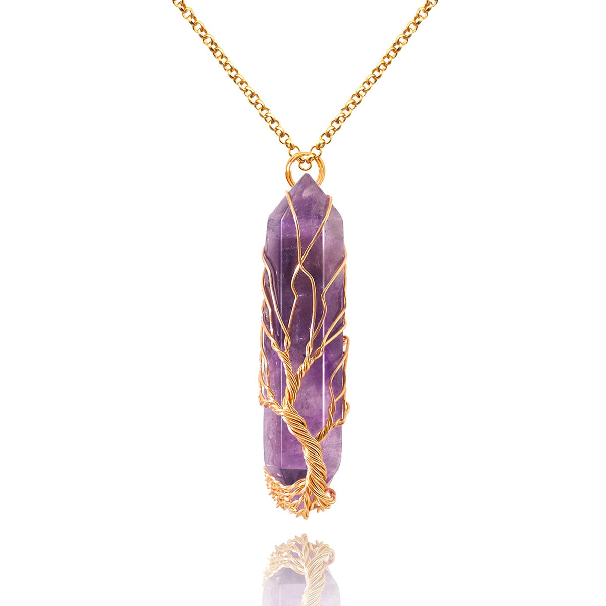 VIBILIA healing crystal necklace with tree of life wrap featuring amethyst point pendant for meditation