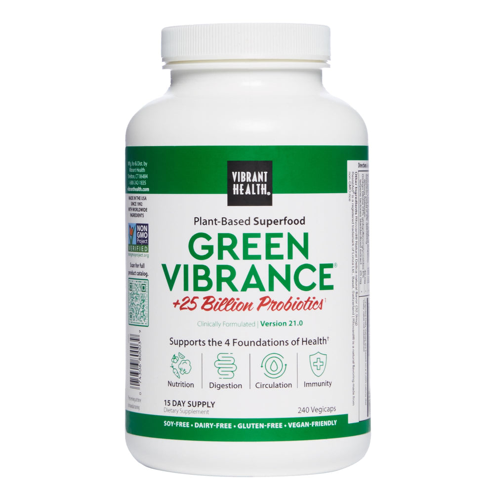 Vibrant Health Green Vibrance bottle front with vegan capsules for daily wellness